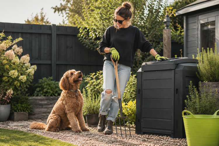 Dog owner with a garden fork beside a closed backyard composter and her dog