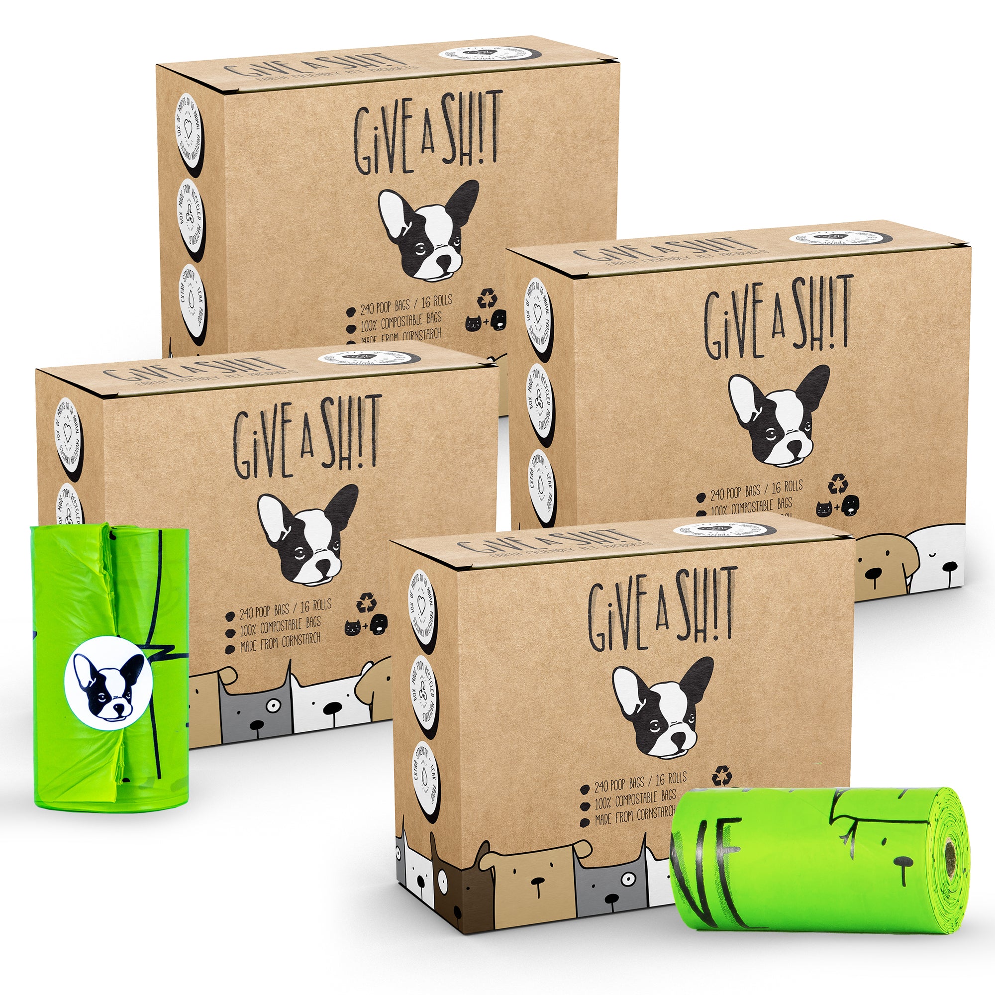 GIVE A SH!T compostable poop bags 4-pack bundle 960 bags total, maximum savings, reduced CO2 emissions 21.88%, recycled bottles saved, tree planted, best value