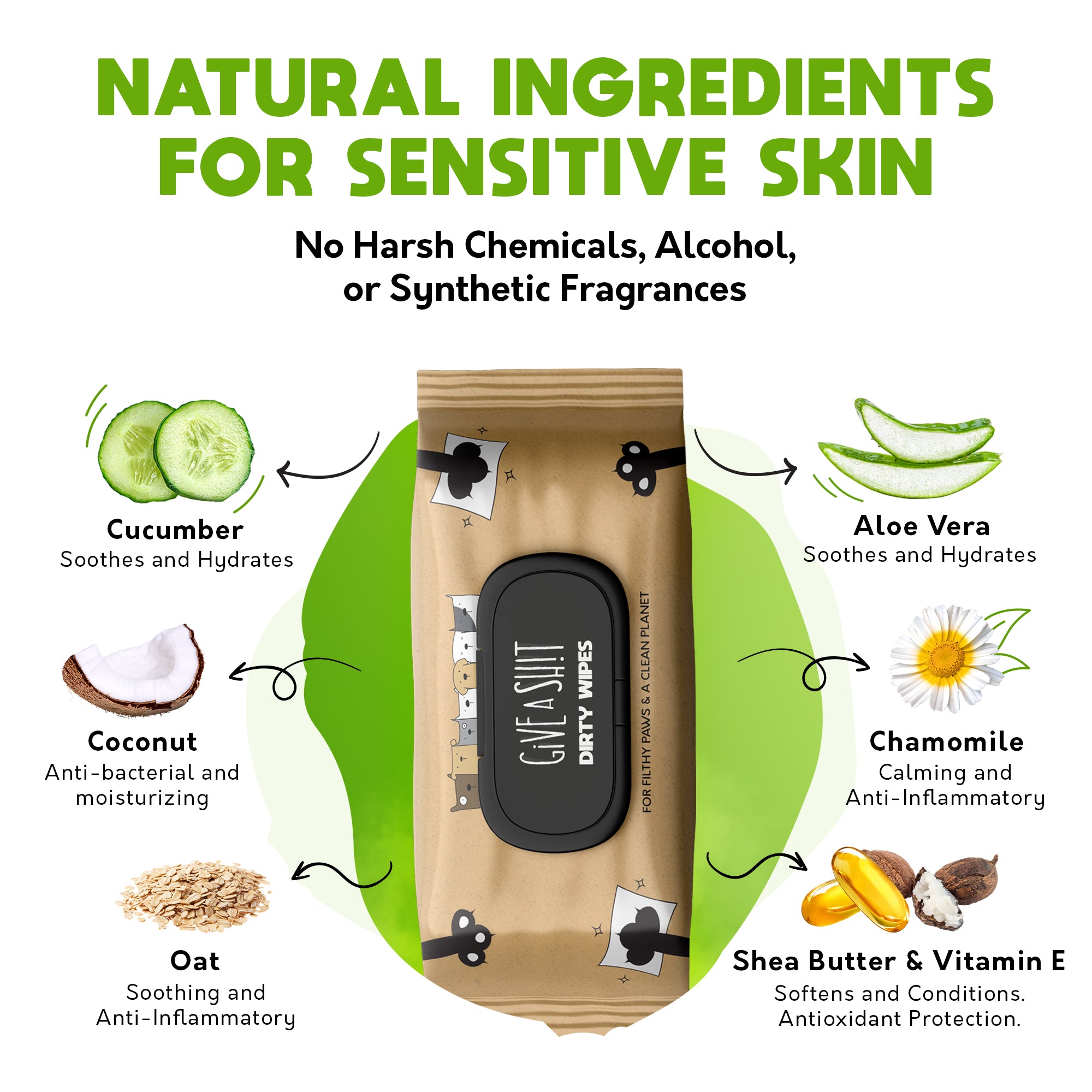 GIVE A SH!T pet wipes natural ingredients for sensitive skin: aloe vera chamomile cucumber oat extract shea butter vitamin E, no harsh chemicals alcohols synthetic fragrances, hypoallergenic