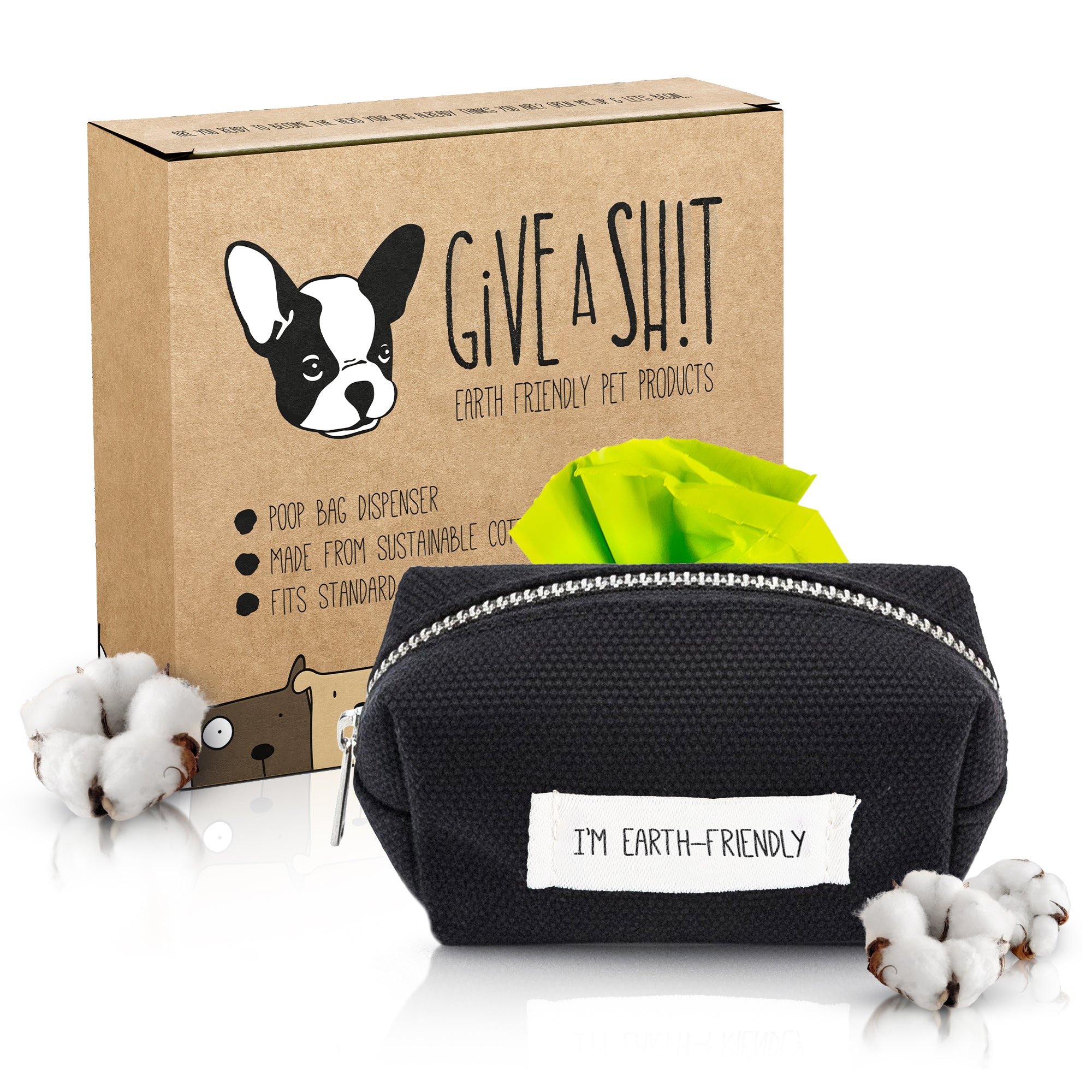 GIVE A SH!T virgin plastic-free poop bag dispenser with cardboard box packaging, cotton canvas durable design, recycled ocean plastic Velcro, metal carabiner, 10% to animal rescue