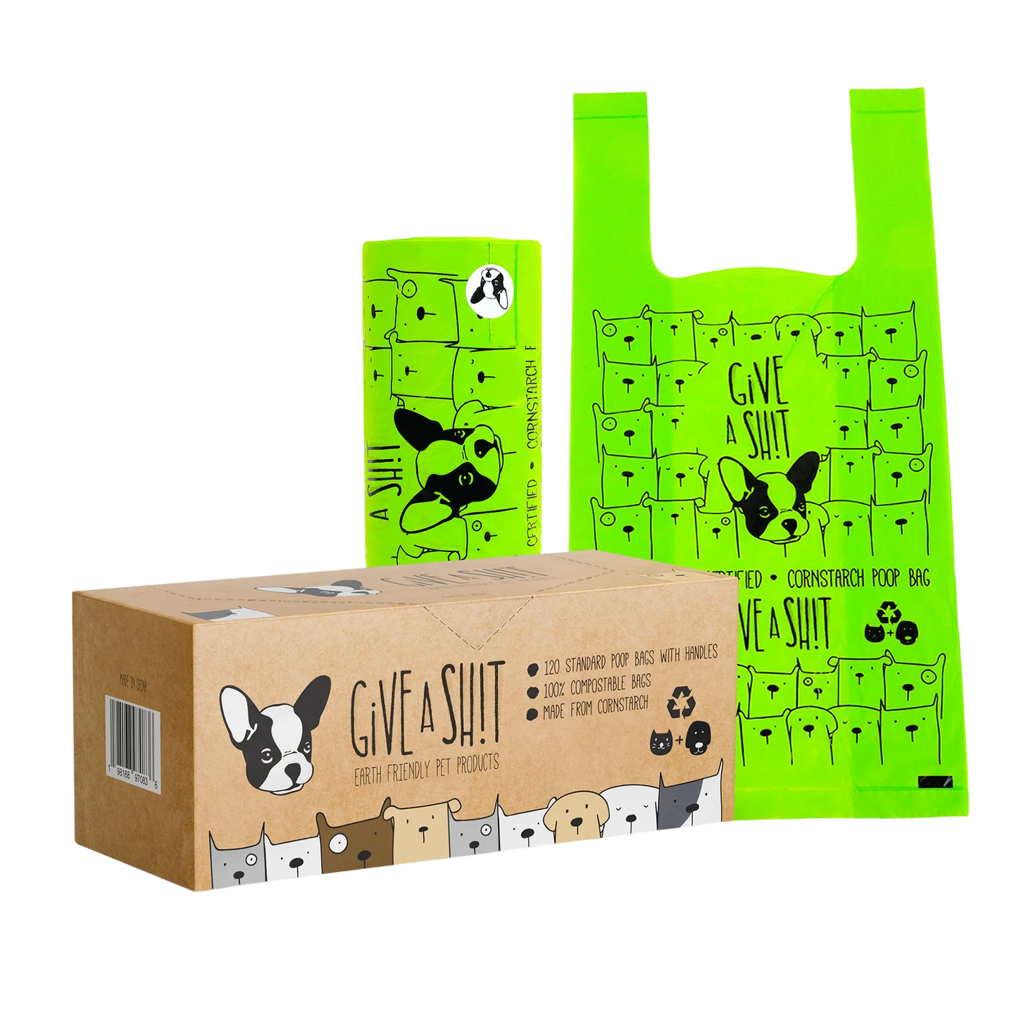 GIVE A SH!T certified compostable dog poop bags with standard handles 120 count, pantry-style single roll dispenser box, TÜV Austria OK Compost Home certified, 18 micron thick plant-based