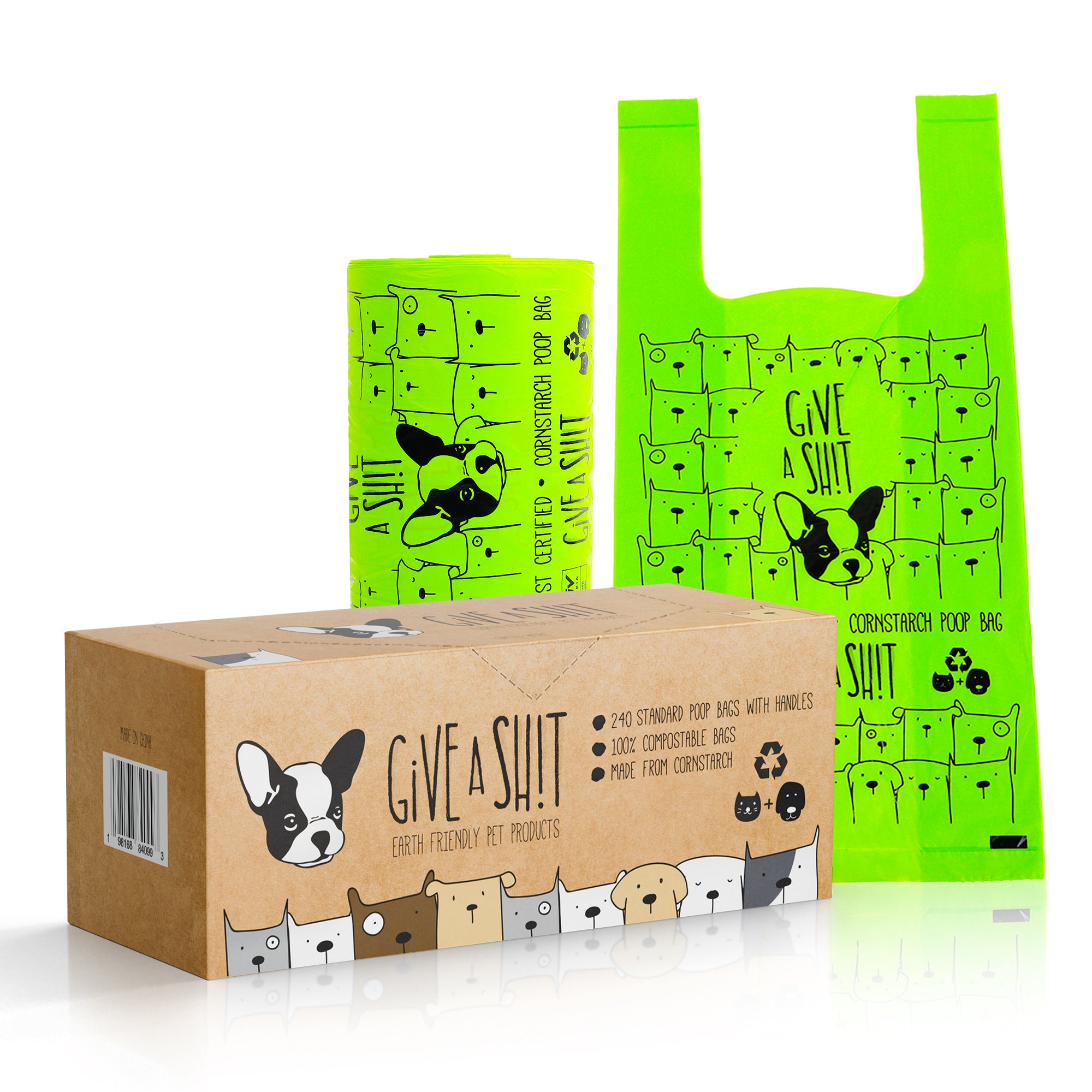 GIVE A SH!T certified compostable dog poop bags with standard handles 240 count, pantry-style single roll dispenser, save 5%, TÜV Austria OK Compost Home certified, 18 micron thick