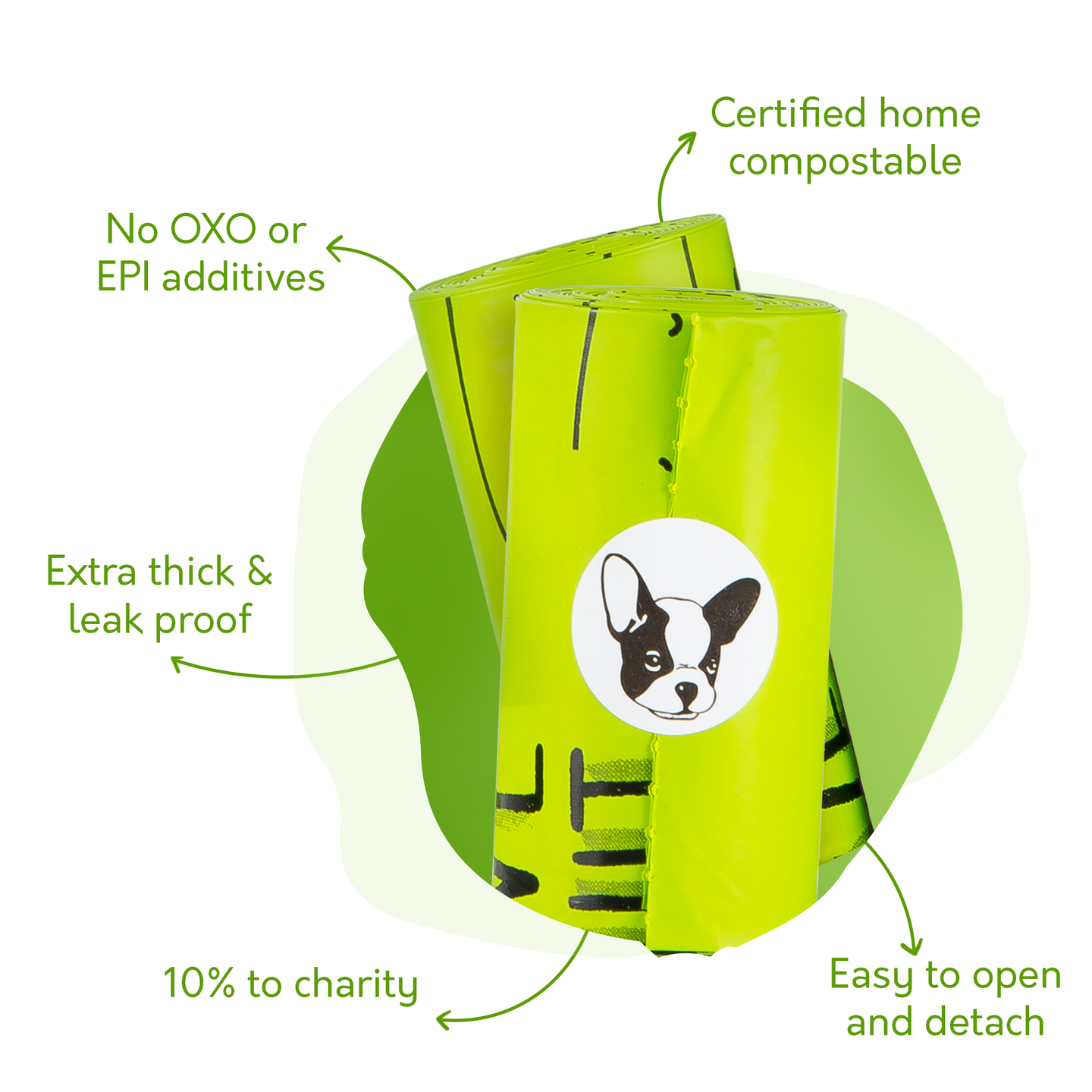 GIVE A SH!T compostable poop bags features: no oxo or EPI additives, TÜV certified home compostable, 18 micron extra thick leak-proof, 10% donated to animal rescue, easy open perforated bags
