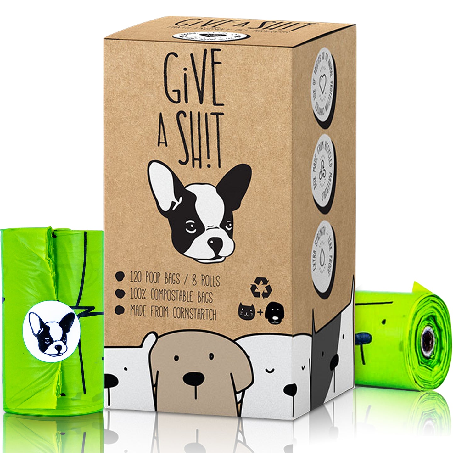 Packaging for compostable dog poop bags with handles. The box is beige with a cartoon dog face, and there are rolls of green poop bags displayed in front.
