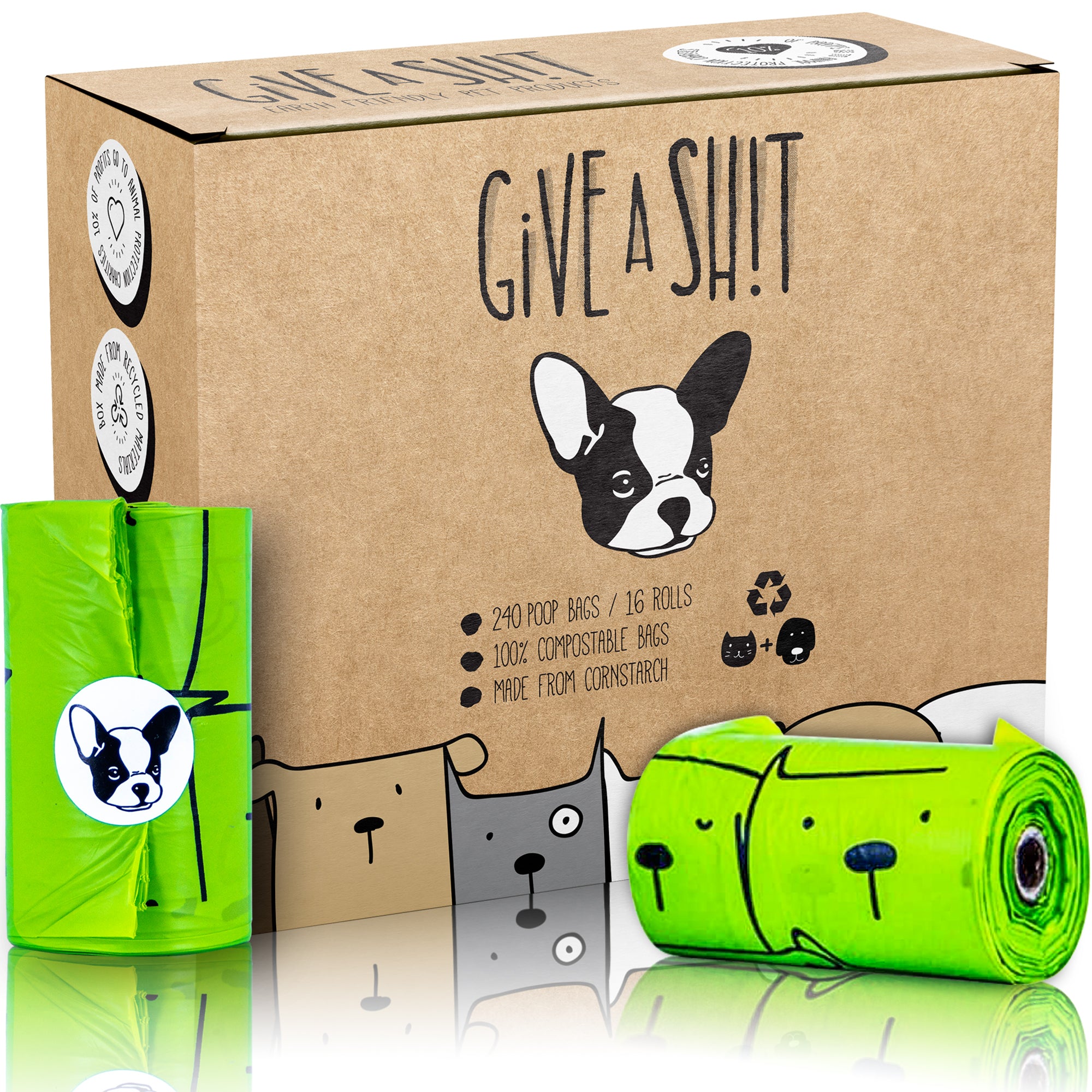 GIVE A SH!T certified compostable dog poop bags box, TÜV Austria OK Compost Home certified, 18 micron thick, 240 bags, plant-based corn starch PBAT PLA material