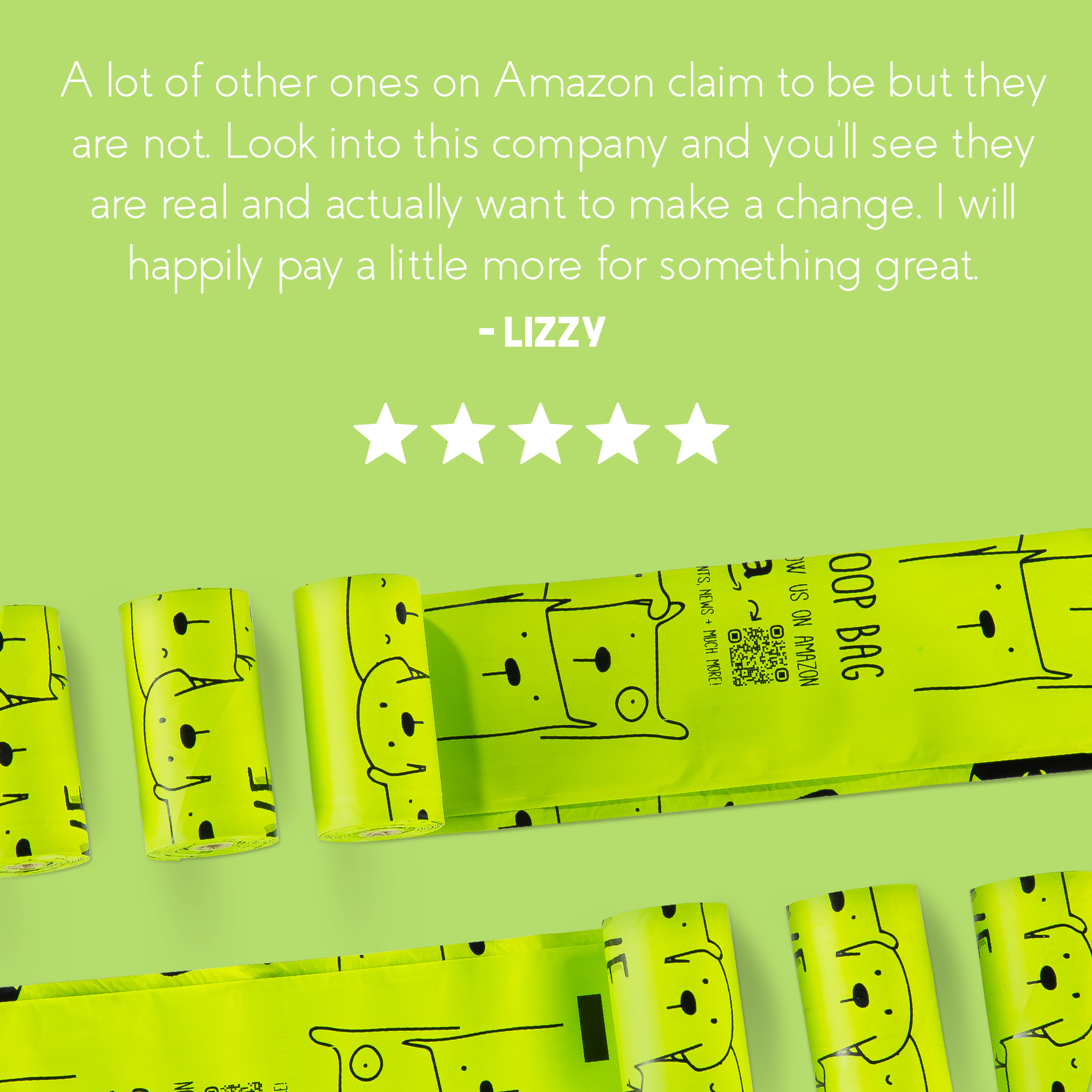 GIVE A SH!T customer review from Lizzy: verified truly compostable unlike Amazon competitors, real company making genuine environmental change, worth paying more for quality certified products
