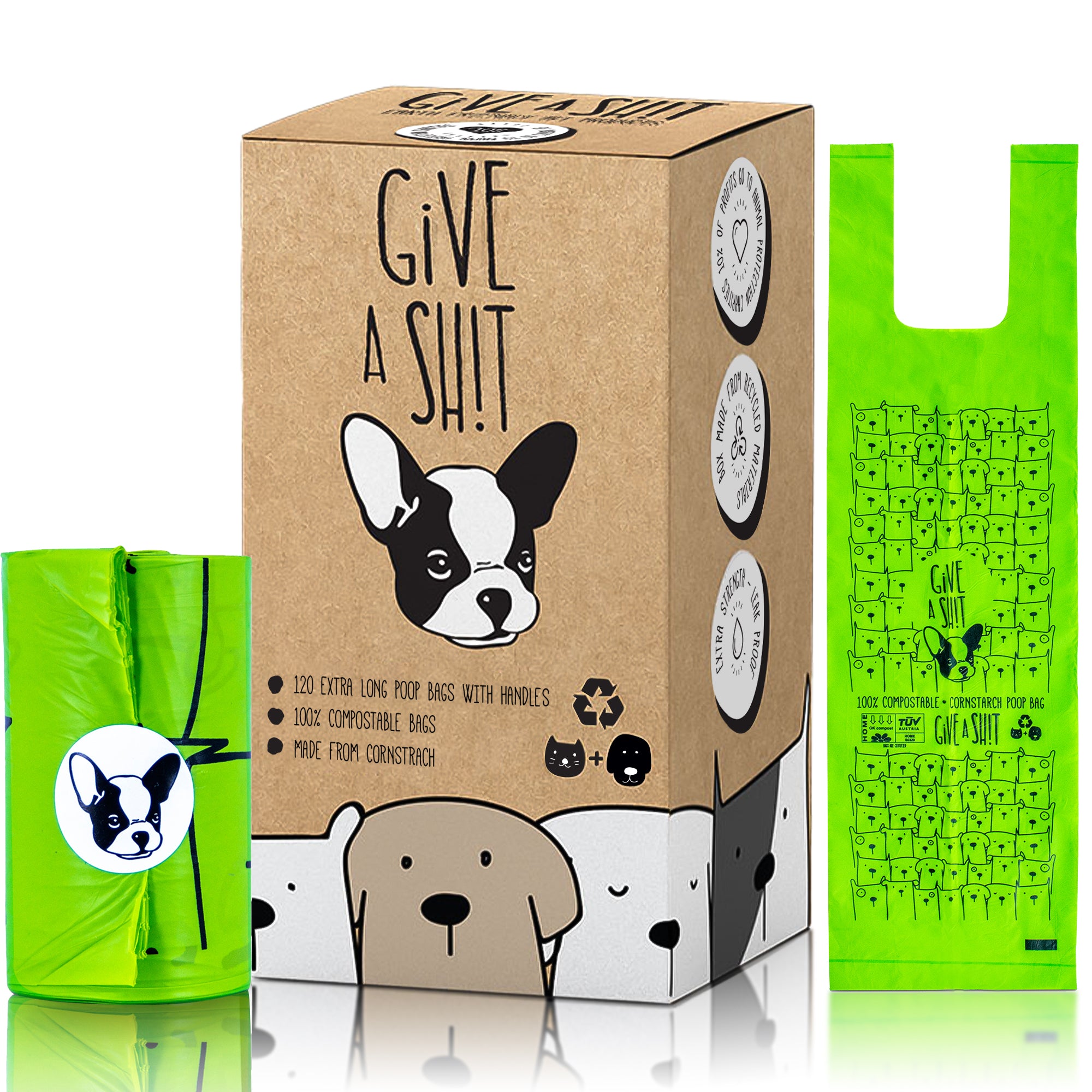 GIVE A SH!T certified compostable long dog poop bags with handles box, TÜV Austria OK Compost Home certified, 18 micron thick, 120 bags, plant-based corn starch PBAT PLA