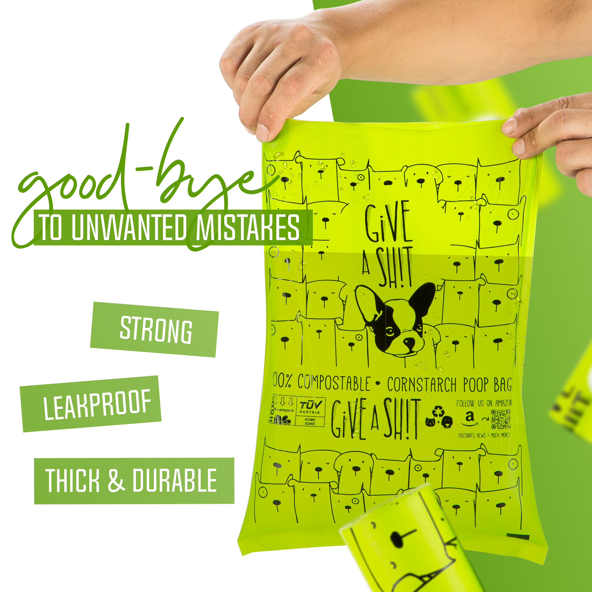 GIVE A SH!T compostable dog poop bag filled with water demonstrating leak-proof durability, 18 micron extra thick strong material, goodbye to unwanted mistakes