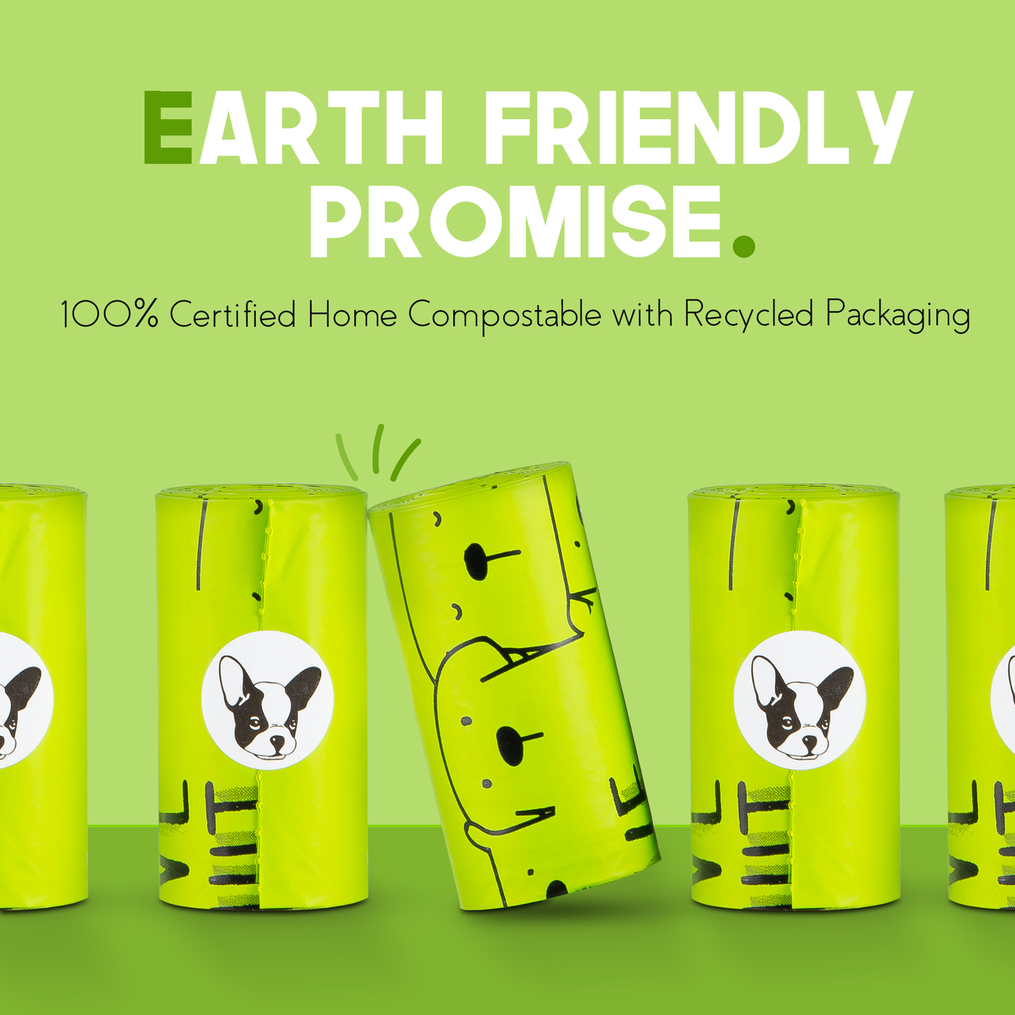 GIVE A SH!T compostable dog poop bag rolls displaying Earth Friendly Promise 100% home compostable certification, TÜV Austria certified, recyclable packaging